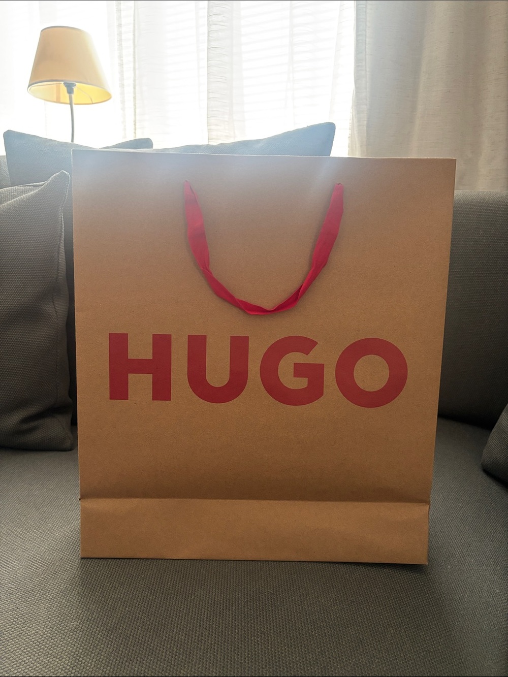 HUGO Brown Kraft Gift Bag with Red Logo and Handles